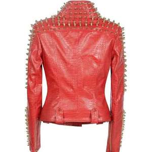 Red Sheep Skin Handmade Breathable Moto <b>Jacket</b> Gold Rivets Turn-down Collar Full Sleeve Zipper Closure Women's <b>Biker</b> Style - Product Image 2