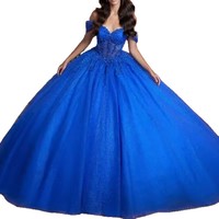 Robe de bal de Quinceañera bleu royal de luxe, épaules dénudées, tulle pailleté, corset, robe de soirée princesse