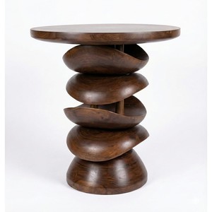 Mesa Auxiliar Apilable de Madera de Acacia Hecha a Mano |   Tablero de Mesa de Madera de Nogal Oscuro, Estilo Moderno de Mediados de Siglo, 18-20 Pulgadas de Diámetro, Ecológico - Product Image 1