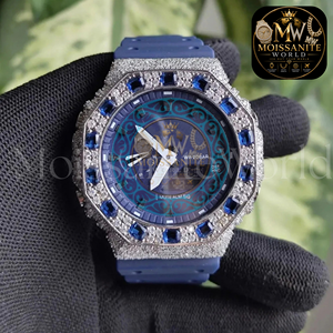 Luxury Fashion Antique Diamond Encrusted Quartz Stainless Steel Chronograph <b>Watch</b> <b>Men</b> 46mm Blue Rubber Strap 20mm Band Custom - Product Image 4