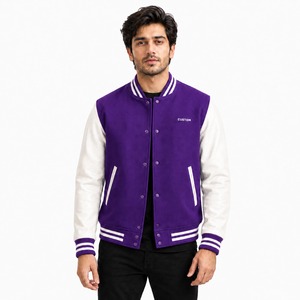 Veste de style universitaire tendance en tissu de laine douce, design à manches contrastées, col et poignets en tricot côtelé, boutons pression sur le devant, veste décontractée streetwear - Product Image 1