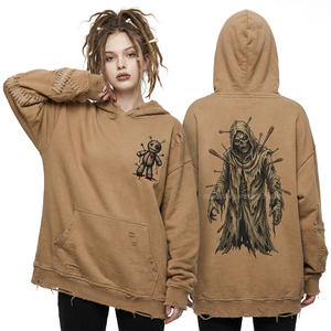 Sweat à capuche Voodoo personnalisé pour femme, couleur camel, avec manches patchwork effet usé et motif graphique, coupe oversize, style streetwear, fournisseur en gros - Product Image 1