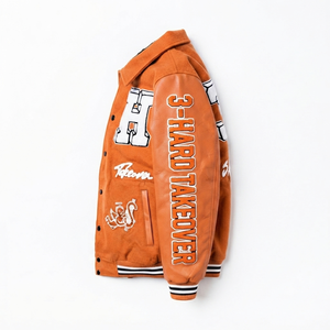 Veste de course personnalisée en laine orange avec manches en laine, patchs brodés, style Letterman universitaire, streetwear, imperméable - Product Image 4