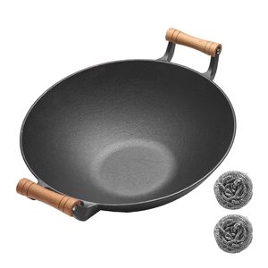 WANGYUANJI Wok Classico Grande in Ghisa con Manici in Legno 36 cm, Padella Commerciale a Doppio Manico per Uso Domestico e Professionale - Product Image 1