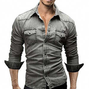 Men's Slim Fit Denim Shirt Long Sleeve Solid Color Turn-<b>down</b> Collar Casual Breathable Washable Full Sleeve Topstitch Design - Product Image 4