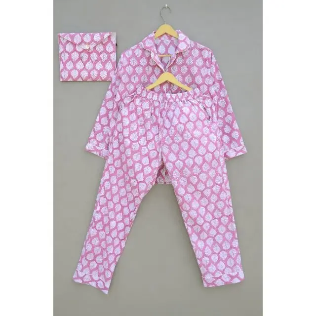 Pijama indio de algodón puro con estampado de bloques de tendencia, con cuello en V Conjunto de pijama, ropa de dormir cómoda para mujer, traje de noche