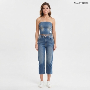 <b>Women</b> Blue Denim Tube Top And <b>Cropped</b> <b>Jeans</b> Set Strapless Two Piece Casual Summer Matching Outfit Streetwear Fashion - Product Image 1