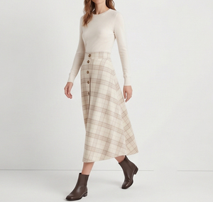 Falda Midi de Franela a Cuadros de Cintura Alta para Mujer con Detalles de Botones Delanteros, Estilo Vintage Personalizado, Color Crema - Product Image 5