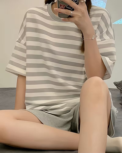 Women Solid Knitted T-Shirt Shorts Set Crew Neck Regular Fit Casual Summer Outfit Breathable Polyester/Cotton Quick Dry - Product Image 1