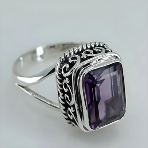 Natural Amethyst <b>Ring</b> 925 Sterling <b>Silver</b> Bezel Setting Boho Statement Women Handmade Purple <b>Emerald</b> Cut Gemstone Jewelry Gift - Product Image 1