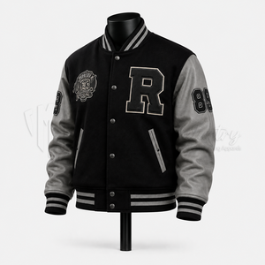 Custom Men’s Varsity Letterman <b>Jacket</b> Black Wool Grey PU Leather Sleeves Bomber <b>Jacket</b> Wholesale - Product Image 3