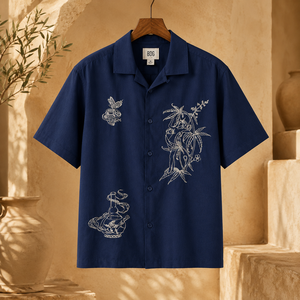 Elegante Camisa Casual de Verano para Hombre, de Popelina de Algodón con Bordado Floral, Manga Corta y Diseño de Líneas Blancas - Product Image 3