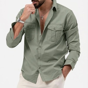 Chemise en twill de coton 100% kaki pour homme, manches longues, coupe ajustée élégante avec poches avant, style tendance. - Product Image 4