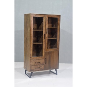 Armoire contemporaine en bois de manguier massif pieds en fer élégants porte en verre affichage stockage pour salon chambre ferme pour hôtel Villa - Product Image 3