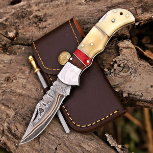 Hand Forged Unique Copper Damascus Folding Knife Steel Bolster Wood Bone Handle Custom Cu-Mai EDC Pocket Hunting Back <b>Lock</b> Knife - Product Image 3