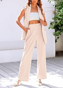 Women's Sleeveless <b>Blazer</b> <b>Set</b> Loose Fit Wide Leg Pants Two Piece Suit Casual Spring Summer Solid Color Woven Fabric - Product Image 4