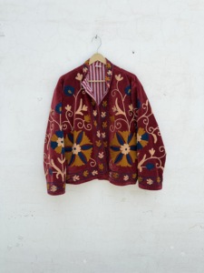 Blazer de Terciopelo con Bordado Floral a Mano, Manga Larga, Largo Regular, Chaqueta de Otoño para Mujer, Cuello Vuelto - Product Image 1