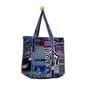 Custom Design Patchwork Quilted Silk Tote Bag Large Floral Pattern Women's Beach Shoulder Handbag blue color silk Bag - Product Image 1