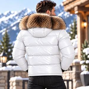 Men's Leather Quilted Bomber <b>Jacket</b> with Fox <b>Fur</b> <b>Hood</b> Premium Cold Weather Outerwear , Piumino Lucido Uomo | Chaqueta Brillante - Product Image 2