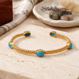 Brazalete Abierto de Estilo Vintage Chapado en Oro con Cuerda Trenzada y Piedras Turquesa Ovaladas para Mujer - Product Image 1