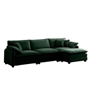 Divano Sezionale a L a 3 Posti Oversize in Velluto a Coste Verde con Pouf, Arredamento per Soggiorno con Un Poggiapiedi per Camere da Letto - Product Image 6