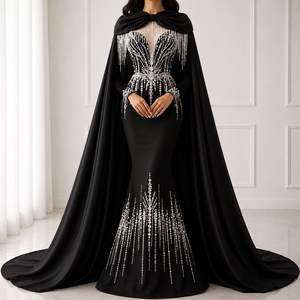 Vestido de Noche Largo de Lujo Blanco con Corte en A, Manga Larga, Capa, Bordado de Cristales, Cuello en V, Tela de Tul, Vestido Formal para Mujer, Boda - Product Image 4