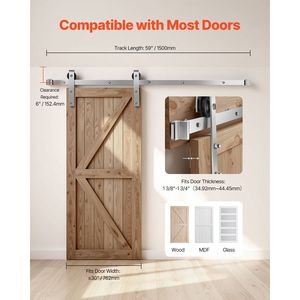 Kit Ferramenta per Porta Scorrevole Stile Barn da 1,5 m, Capacità di Carico 150 kg, Compatibile con Larghezza Massima 76 cm, Spessore 3,5-4 cm, per Soggiorno - Product Image 6