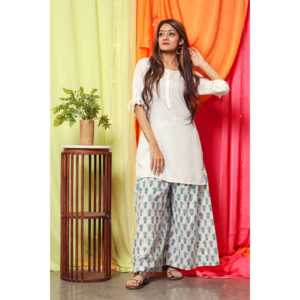 Ensemble Kurta pour femme en coton respirant et fibre de bambou, blanc perle, taille XS, avec haut à manches trois-quarts - Product Image 6