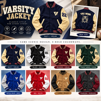 Veste universitaire personnalisée bleu marine avec manches en cuir crème, veste de baseball en laine avec logo brodé, vente en gros, OEM