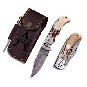 Cuchillo Plegable Multifuncional de Acero de Damasco Hecho a Mano con Bloqueo Trasero, Mango de Hueso de Camello y Asta de Ciervo, Hoja de Grado Industrial con Punta Caída, OEM - Product Image 1