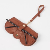 Étui à lunettes souple en cuir PU marron JOY avec sangle et ferrures dorées pour le rangement des lunettes de soleil, personnalisable, gravure sur mesure M40032