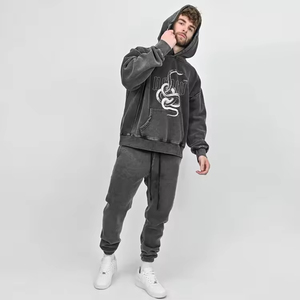 2206 Latest <b>Design</b> Factory Price Pullover Hoodie Wholesale Washed Grey Distressed Print Custom OEM Embroidered Logo 100% Cotton - Product Image 6