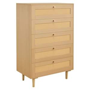 Modern 5-Drawer Rattan <b>Dresser</b> Metal Handles Wooden Legs Natural Bedroom Closet Storage for Clothing for Living Room Hallway - Product Image 1