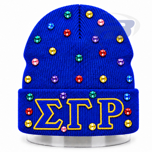 Casquette d'hiver en tricot bleu avec embellissements en strass pour femmes de la sororité Sigma Gamma Rho SGR, avec broderie en chenille - Product Image 1
