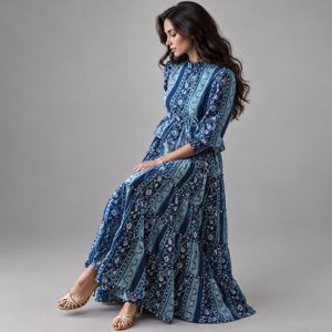 Robe longue bleue à rayures florales pour femme avec manches bouffantes, taille peplum et jupe à volants - Product Image 3
