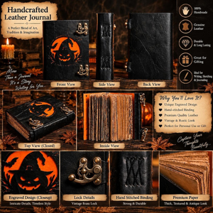 Journal en cuir fait main pour Halloween, motif citrouille sorcière ajouré, carnet gothique à double fermeture, grimoire à pages à bords festonnés - Product Image 4