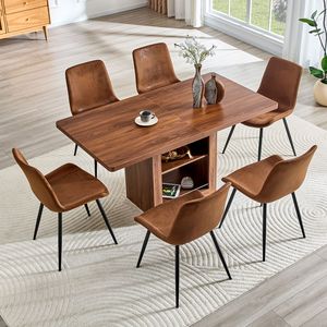 Set Tavolo da Pranzo Allungabile in MDF Noce 59-71 Pollici con 6 Sedie Comode in Tessuto Tecnologico - Product Image 1