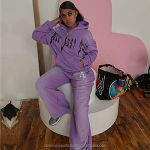 Ensemble de survêtement de jogging en molleton épais délavé à l'acide pour l'hiver, style streetwear, avec pantalon de survêtement évasé et fermeture éclair intégrale, pour lavage par pulvérisation - Product Image 1