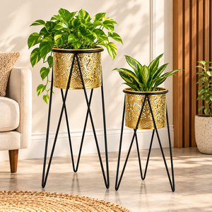 Juego de 2 Macetas de Metal Dorado con Filigrana y Soportes de Trípode Negros, Macetas Decorativas para Jardín Interior, Sala de Estar, Dormitorio - Product Image 1