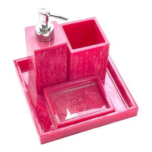 HASAN CRAFT Luxury Waterproof Pink Resin 4-Piece Rectangle Bathroom Set with <b>Soap</b> <b>Dispenser</b> <b>Toothbrush</b> <b>Holder</b> Tray - Product Image 1