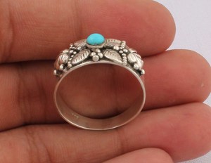Wholesale 925 Sterling <b>Silver</b> Natural Turquoise Bezel Setting Classic Wedding Party Floral Leaf Motif Wide Band <b>Statement</b> <b>Ring</b> - Product Image 3