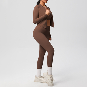 Ensemble de yoga 3 pièces côtelé sans couture pour femme, personnalisé OEM, vêtements de sport, leggings taille haute, soutien-gorge de sport, veste zippée - Product Image 5