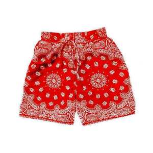 Shorts en coton pour homme à imprimé cachemire rouge, taille mi-haute avec cordon de serrage, décontractés, respirants, motif tissé - Product Image 1