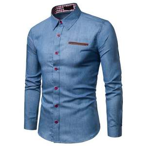 Men's Slim Fit Denim Shirt Long Sleeve Solid Color Turn-<b>down</b> Collar Casual Breathable Full Button <b>Down</b> Design - Product Image 3