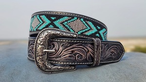 Luxury Cowboy <b>Tooled</b> Leather Belt with Southwestern Beadwork and Classic Engraved Rodeo Buckle Style - Product Image 3