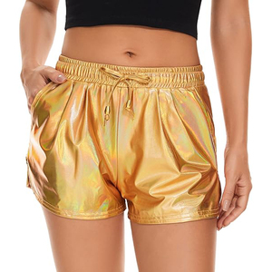 Gold Holographic Shorts Women Elastic Drawstring Waist Side Pocket Iridescent Rainbow Shimmer Rave <b>Dance</b> - Product Image 1