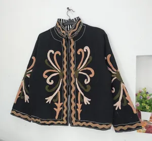 Chaqueta de Algodón y Seda Negra Bordada a Mano para Mujer, Estilo Boho, con Bordado Floral, Abertura Frontal, Ropa Étnica Festiva - Product Image 5