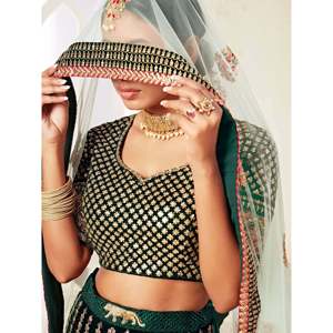 Elegant Green Velvet Lehenga Choli for <b>Bride</b> Plus Size XL with Pearl Embellishments - Product Image 3