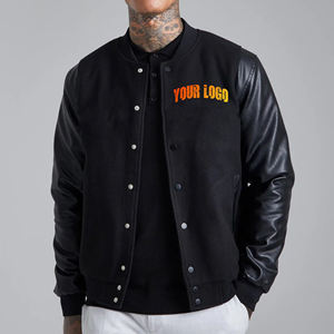 New Arrival 2026 Men's <b>Black</b> Varsity <b>Jacket</b> PU Leather Sleeves Front Logo Print Button Closure Casual Autumn Wear Regular Fit - Product Image 1