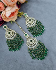 Royal Heavy Beaded Cluster CZ Stone Chandbali Earrings And Mangtika Set Antique Gold Plated Designer Fashion Jewellery For Women - Product Image 1
